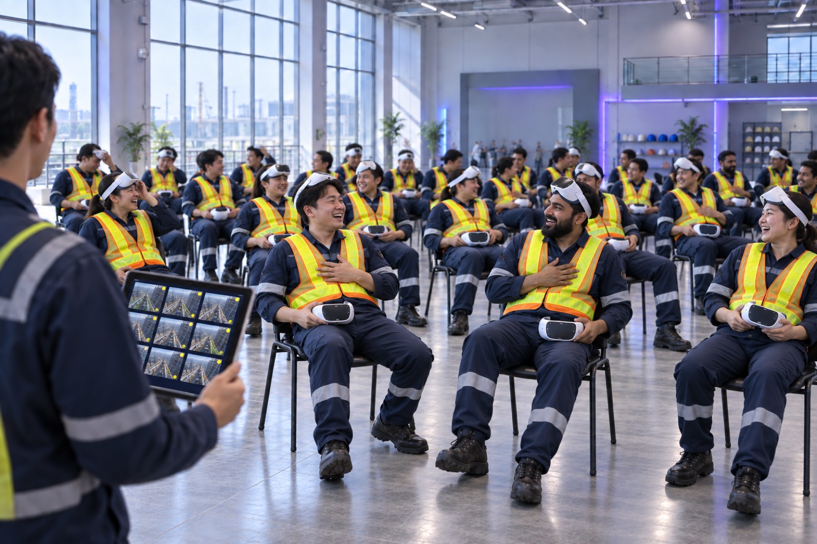 Trainees smiling with colleagues after taking off their VR headsets