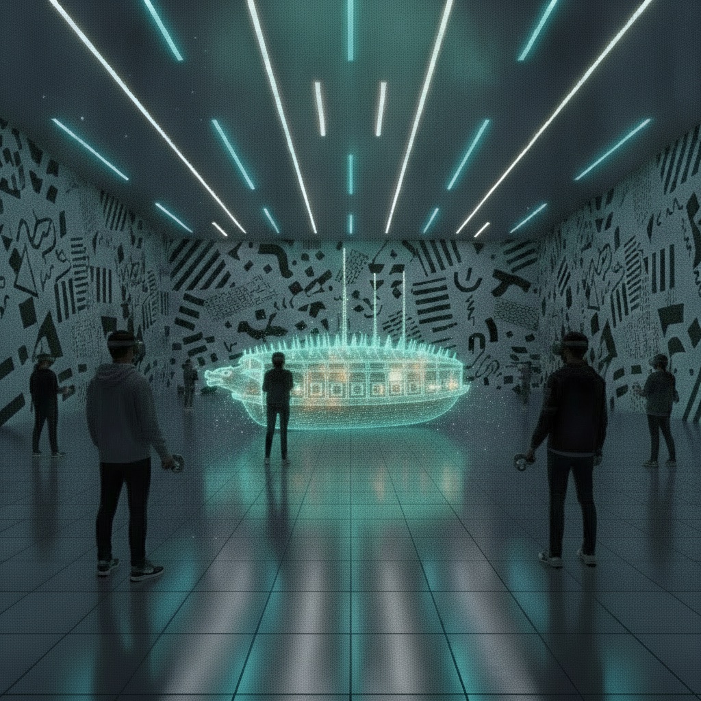VR 헤드셋을 쓴 관람객들과 중앙의 가상 거북선 홀로그램 — LBE 공간